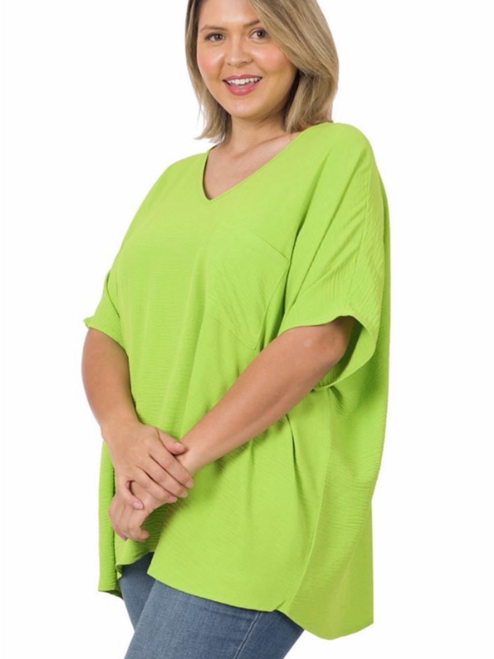 Plus-Size V-Neck Pocket Tunic Top - Bright Lime Green